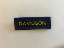 Load image into Gallery viewer, Navy blue name patch with white text, Velcro backing