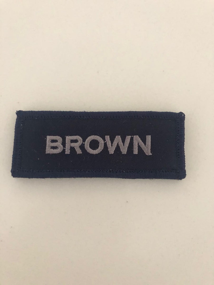 NSWPF: Navy name patch. Grey text, velcro backing