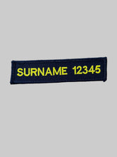 Load image into Gallery viewer, Australian Border Force name patch with velcro backing, dark navy with bright yellow text 115mm x 25mm
