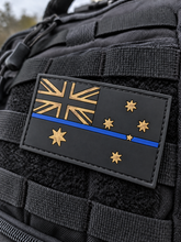 Load image into Gallery viewer, Thin blue line Australian flag PVC patch on black tactical MOLLE webbing — Police
