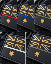 Load image into Gallery viewer, Five thin line Australian flag PVC patches in red, blue, olive, white and grey, side by side
