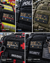 Load image into Gallery viewer, Thin line Australian flag patches shown by service - fire and rescue, police, ADF, medical, and corrections security gear

