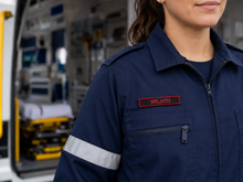 Load image into Gallery viewer, Person wearing a navy blue uniform with a 'Wilson' patch in an ambulance setting

