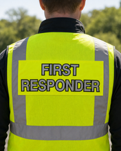 Load image into Gallery viewer, Large rear back panel patch reading First Responder on the back of a yellow hi-vis vest
